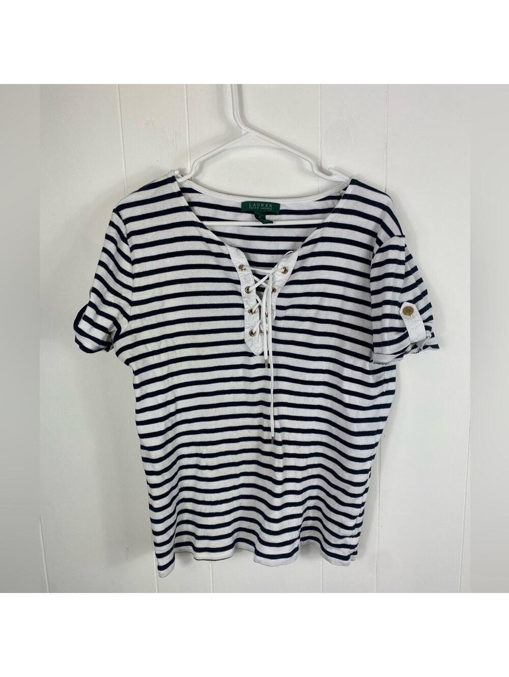Lauren Ralph Lauren Striped T-Shirt Lace Up V-Neck Size XL White Old money